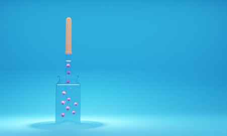3D render of drops in the nose and ears with a runny nose and pain in the ears in a transparent glass bottle and a pipette. Illustration of a digital image for medicine.の写真素材