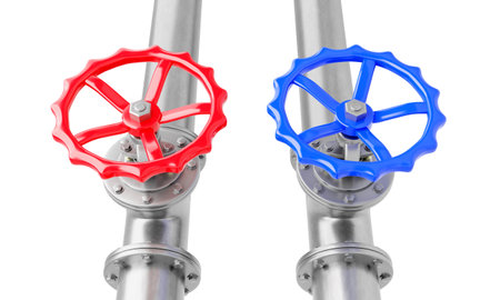 3d render blue and red valves on steel pipes from top view isolated on a white background.Illustration of a digital image for industrial.の写真素材
