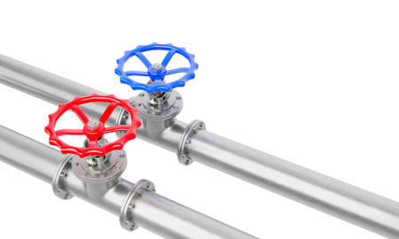 3d render blue and red valves on steel pipes diagonal view isolated on a white background.Illustration of a digital image for industrial.の写真素材