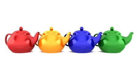four color teapots isolated on white backgroundの写真素材