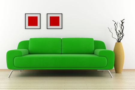 green sofa and vase with dry wood in front of white wallの写真素材