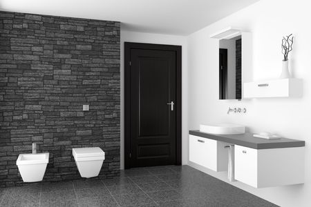 modern bathroom with black stone wall and white equipmentの写真素材