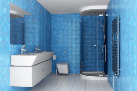 modern bathroom with blue tiles on wall and white equipmentの写真素材
