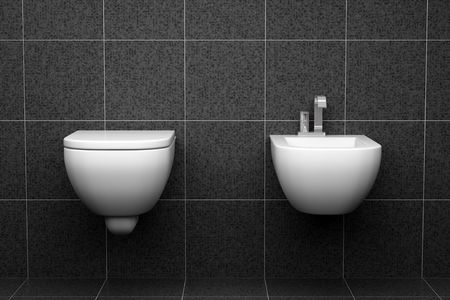 modern toilet with black tiles on wallの写真素材