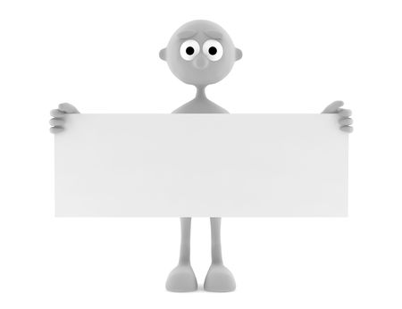 3d man holding blank placard isolated on white background の写真素材