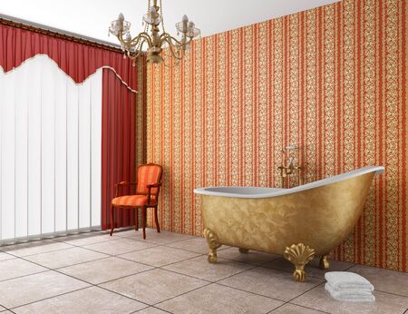 classic bathroom with old bathtub and red striped wallの写真素材