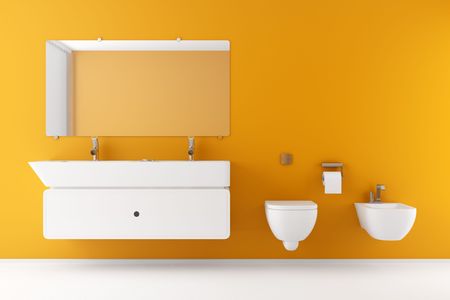modern bathroom with orange wall and white equipmentの写真素材