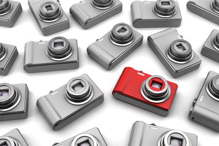 red point and shoot photo camera among gray similar isolated on white background