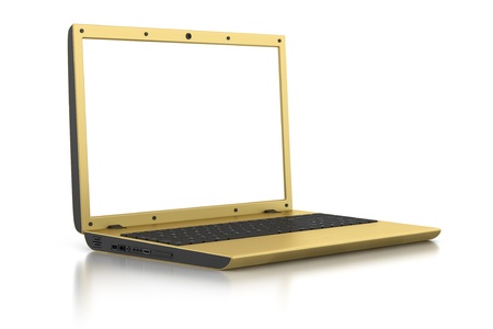 golden laptop with blank screen isolated on white backgroundの写真素材