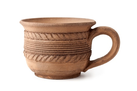 old clay cup isolated on white backgroundの写真素材