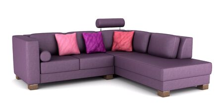 modern purple leather couch with pillows isolated on white backgroundの写真素材