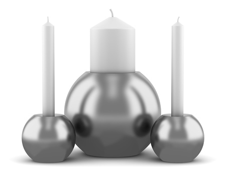 three modern round candlesticks with candles isolated on white backgroundの写真素材