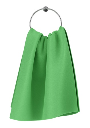 green towel on hanger isolated on white backgroundの写真素材