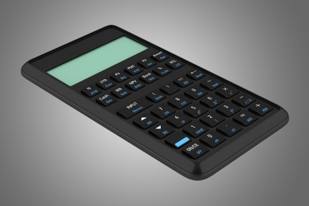 black plastic calculator isolated on gray backgroundの写真素材