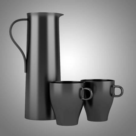 modern black jug with two cups isolated on gray backgroundの写真素材