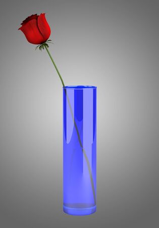 blue glass vase with rose isolated on gray backgroundの写真素材