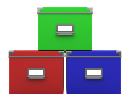 three color office cardboard boxes isolated on white backgroundの写真素材
