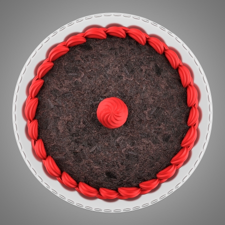 top view of round chocolate cake with pink cream isolated on gray backgroundの写真素材
