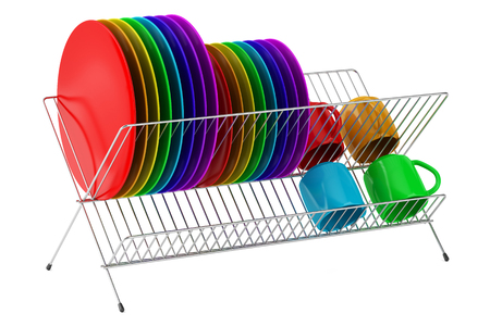 plate rack with multicolor tableware isolated on white の写真素材