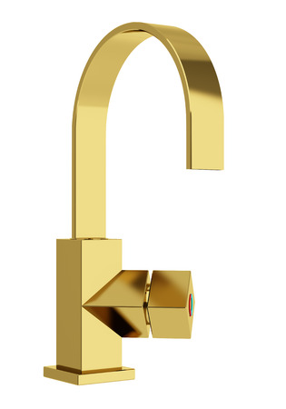 modern golden faucet isolated on white backgroundの写真素材