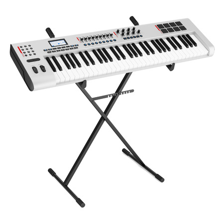 gray synthesizer on stand isolated on white backgroundの写真素材