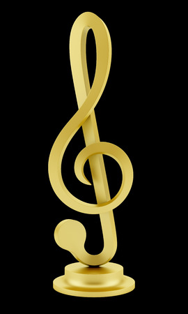 golden treble clef statuette isolated on black backgroundの写真素材