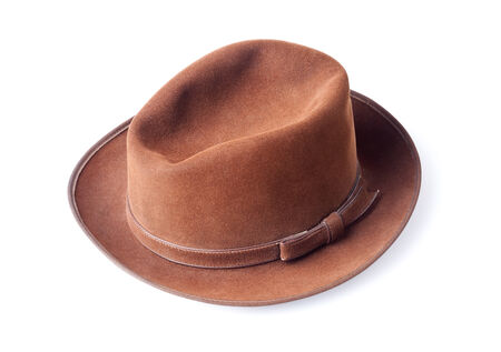 brown male felt hat isolated on white backgroundの写真素材