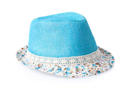 blue female summer straw hat isolated on white backgroundの写真素材