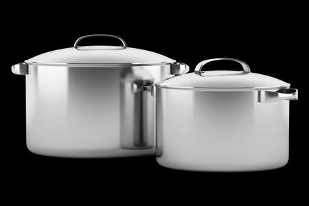 two cooking pans isolated on black backgroundの写真素材