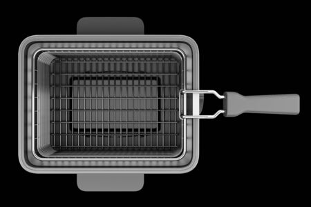 top view of modern deep fryer isolated on black backgroundの写真素材