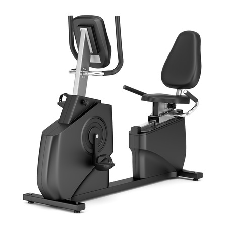 stationary exercise horizontal bike isolated on white backgroundの写真素材