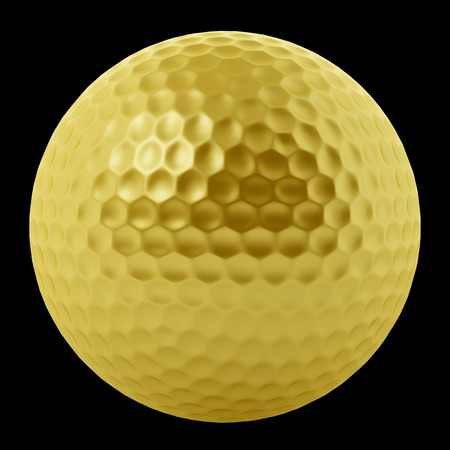 golden golf ball isolated on black backgroundの写真素材