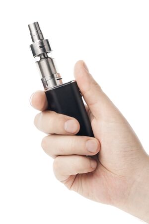 electronic cigarette in male hand isolated on white backgroundの写真素材