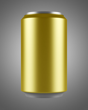 yellow beer can isolated on gray backgroundの写真素材