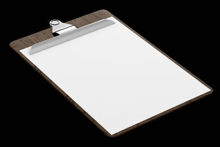 wooden clipboard with blank paper isolated on black background. 3d illustrationの写真素材