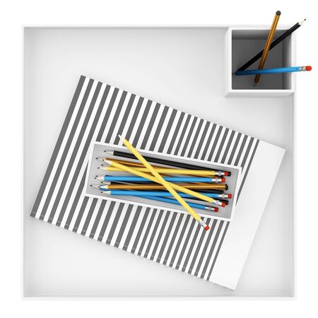 top view of desk organizer with office supplies isolated on white background. 3d illustrationの写真素材