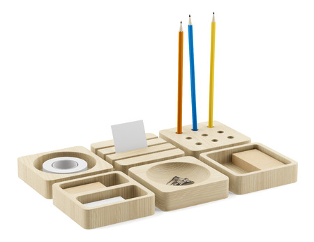 wooden desk organizer with office supplies isolated on white background. 3d illustrationの写真素材