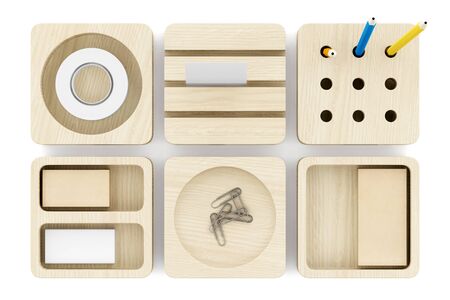 top view of wooden desk organizer with office supplies isolated on white background. 3d illustrationの写真素材