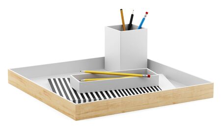 brown desk organizer with office supplies isolated on white background. 3d illustrationの写真素材