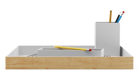 brown desk organizer with office supplies isolated on white background. 3d illustrationの写真素材