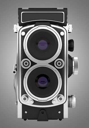 vintage film photo camera isolated on gray background. 3d illustrationの写真素材