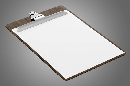 wooden clipboard with blank paper isolated on gray background. 3d illustrationの写真素材