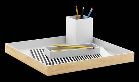 brown desk organizer with office supplies isolated on black background. 3d illustrationの写真素材