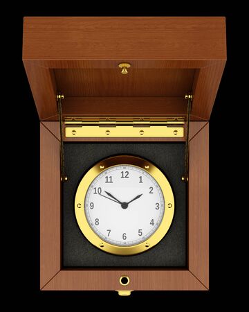 top view of golden clock in wooden box isolated on black background. 3d illustrationの写真素材