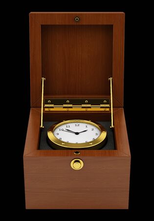 golden clock in wooden box isolated on black background. 3d illustrationの写真素材