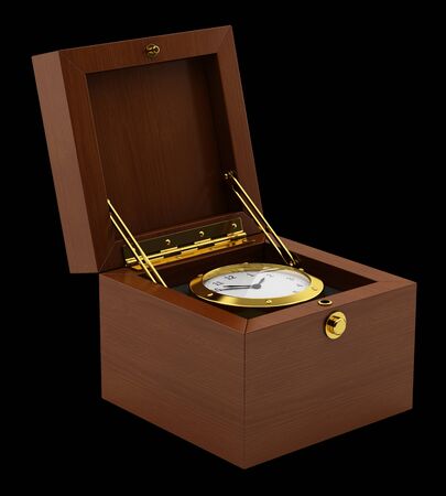 golden clock in wooden box isolated on black background. 3d illustrationの写真素材