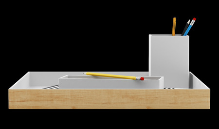brown desk organizer with office supplies isolated on black background. 3d illustrationの写真素材