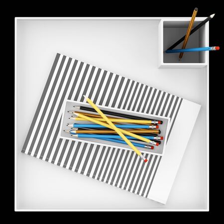 top view of desk organizer with office supplies isolated on black background. 3d illustrationの写真素材