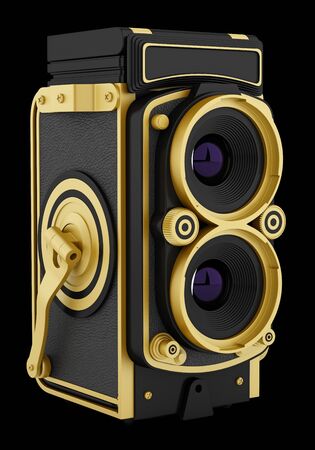 golden vintage film photo camera isolated on black background. 3d illustrationの写真素材