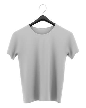 gray t-shirt on clothing hanger isolated on white background. 3d illustrationの写真素材